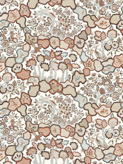 Intricate floral fabric with earth-tone lattice pattern in beige, brown, rust and pale blue, with vines and blossoms.