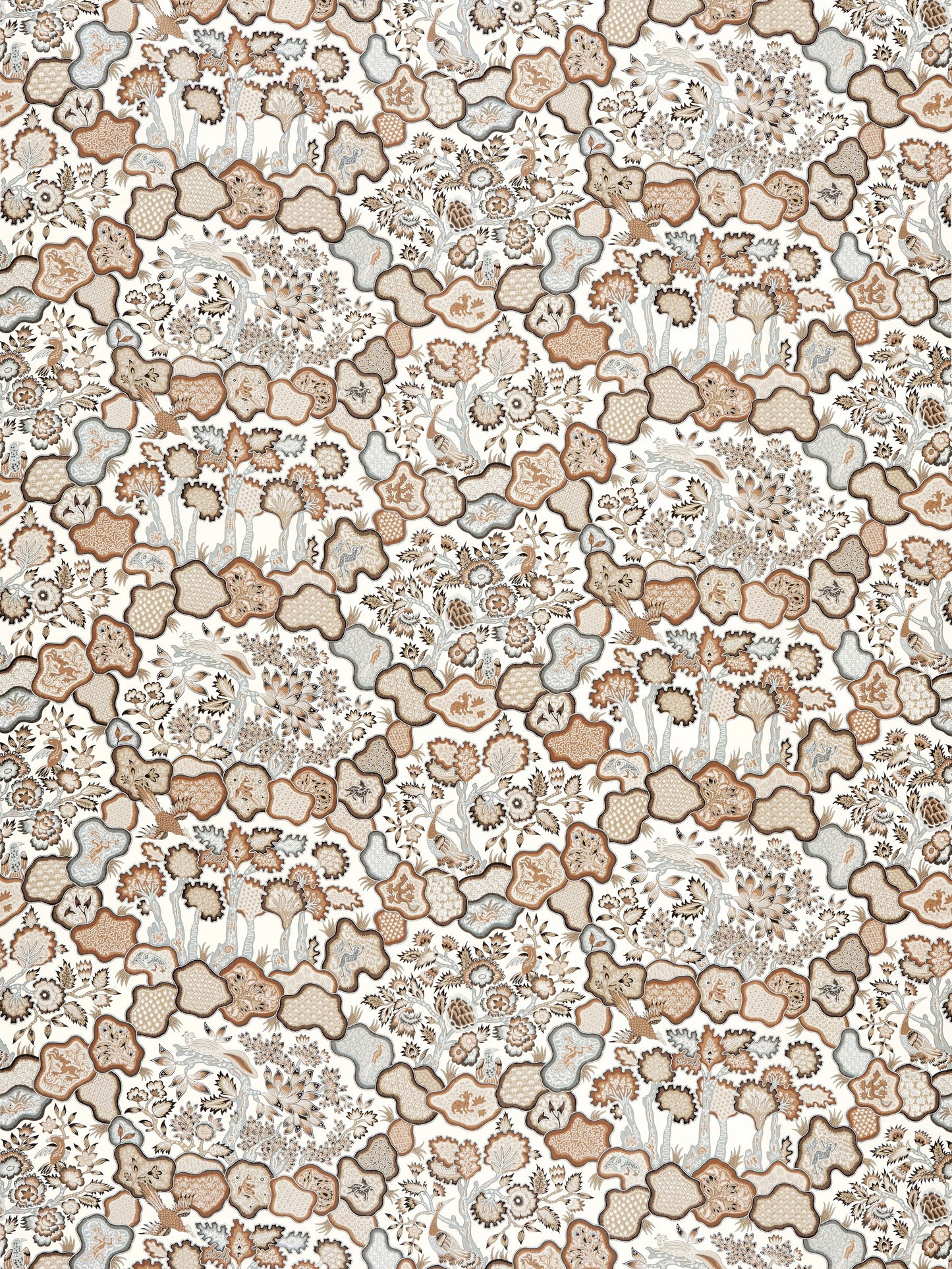 Earth-tone floral pattern in beige, brown and taupe with cloud-like shapes; vintage botanical textile design