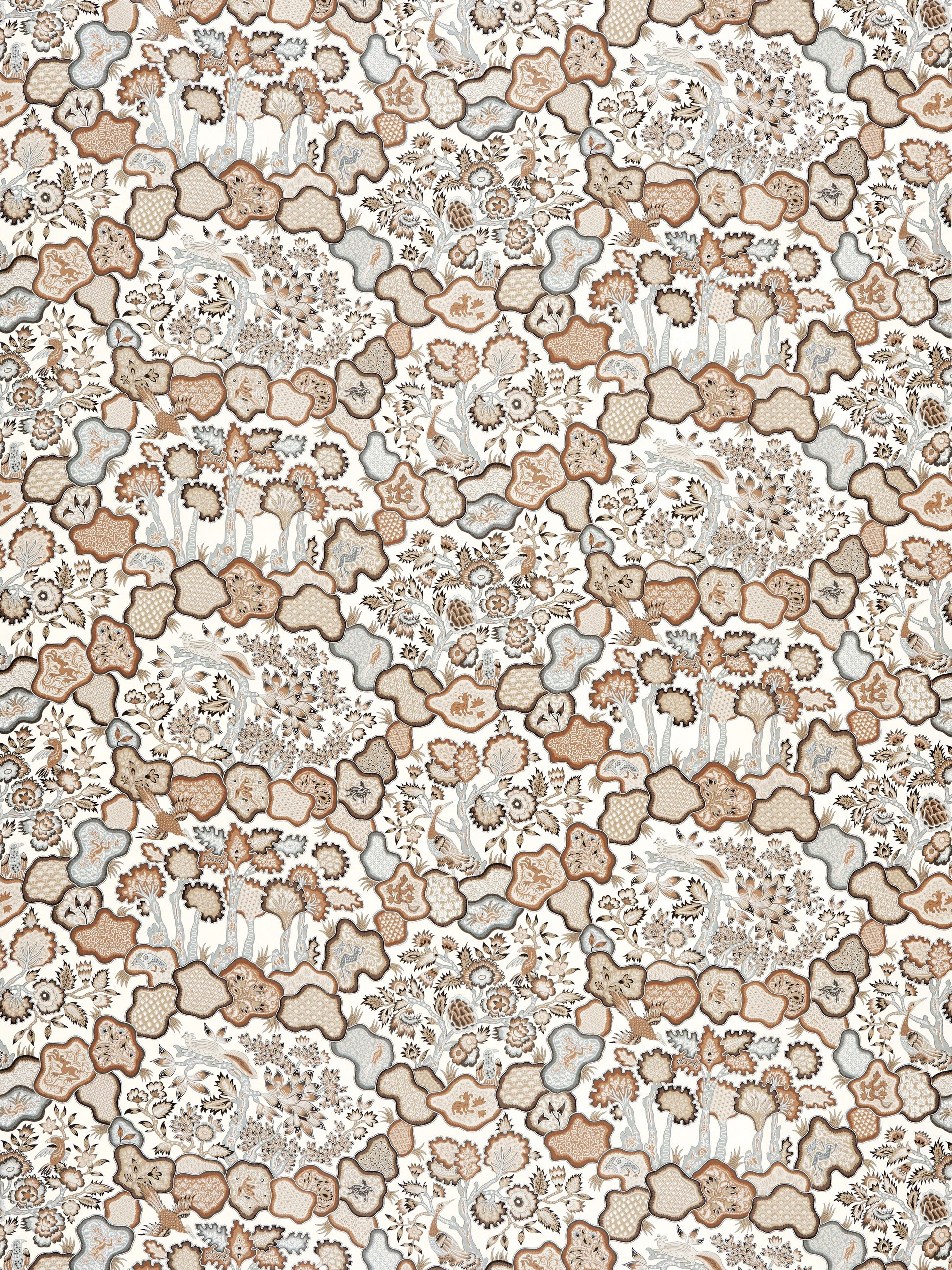 Earth-tone floral pattern in beige, brown and taupe with cloud-like shapes; vintage botanical textile design