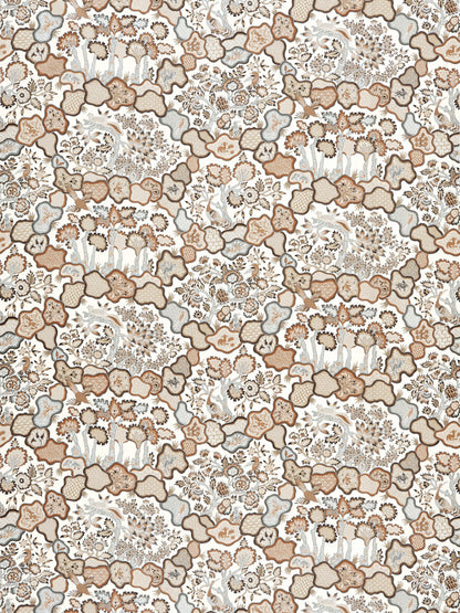 Earth-tone floral pattern in beige, brown and taupe with cloud-like shapes; vintage botanical textile design
