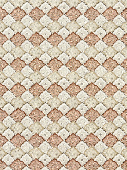 Cream, ivory and tan damask pattern with ornate floral quatrefoil motifs in a diagonal grid on fabric.