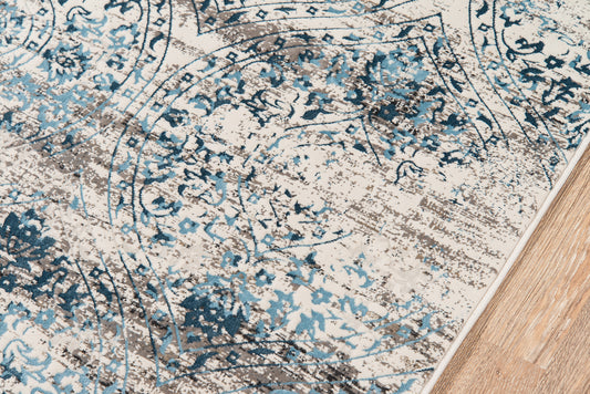 Blue and beige distressed oriental-style area rug with circular medallion patterns on a wooden floor.