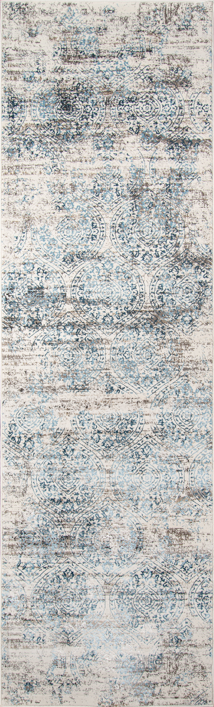 2' x 3' distressed blue and ivory area rug with faded medallion motifs; vintage-inspired, soft-textured look.
