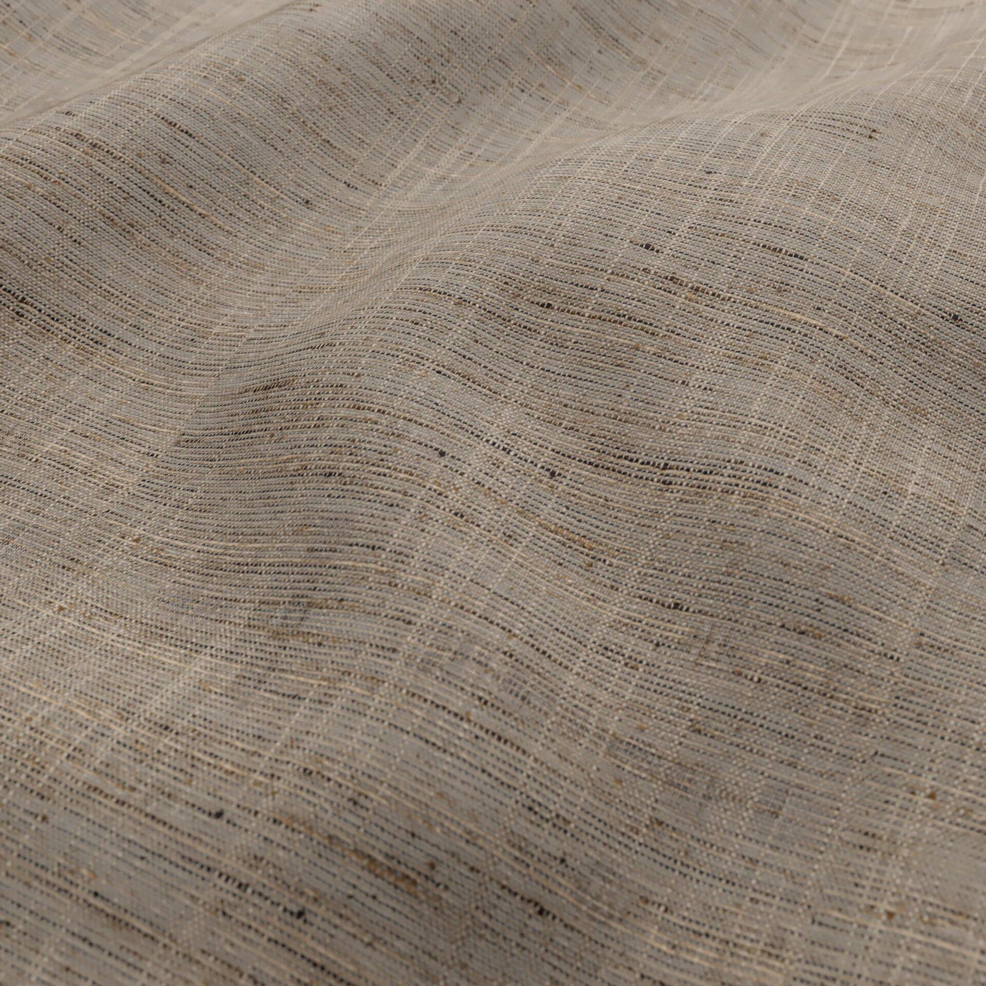 Beige linen-like fabric with subtle horizontal stripes and speckled weave, soft drape.