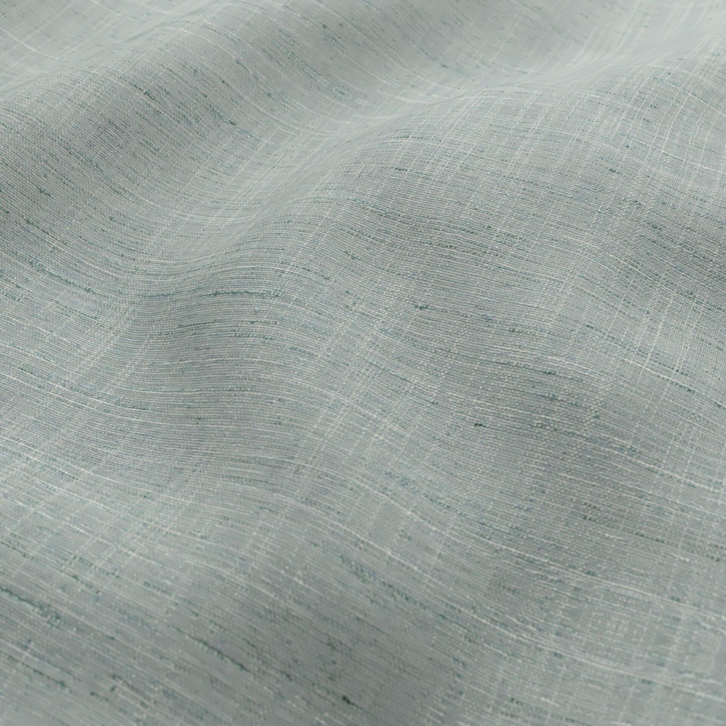 Seafoam, cream, teal linen-look fabric with a sheer woven texture, featuring a subtle striped weave and tiny specks, light drape for summer garments.