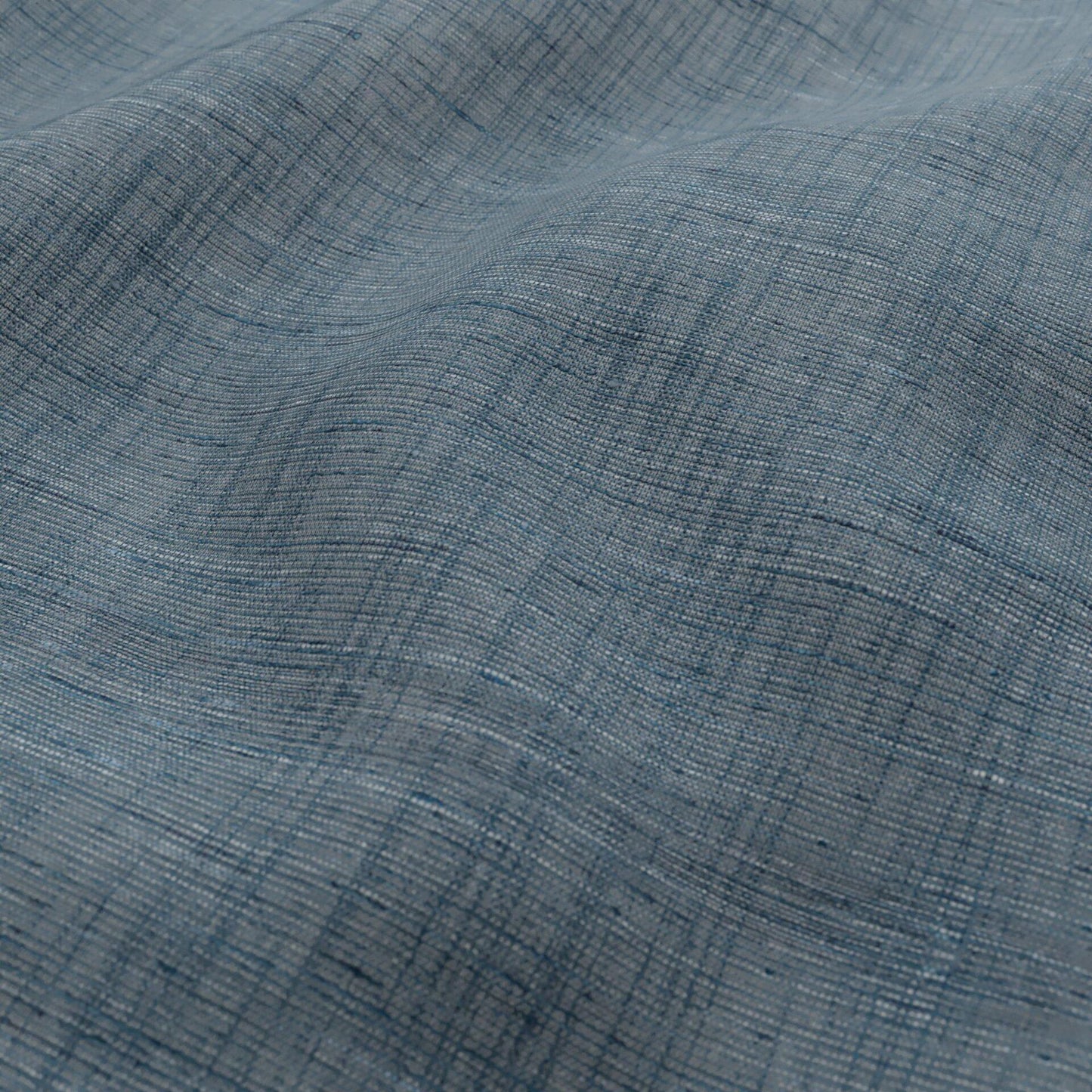 Blue and light grey linen-look fabric with a subtle crosshatch weave, heathered texture and soft drape.