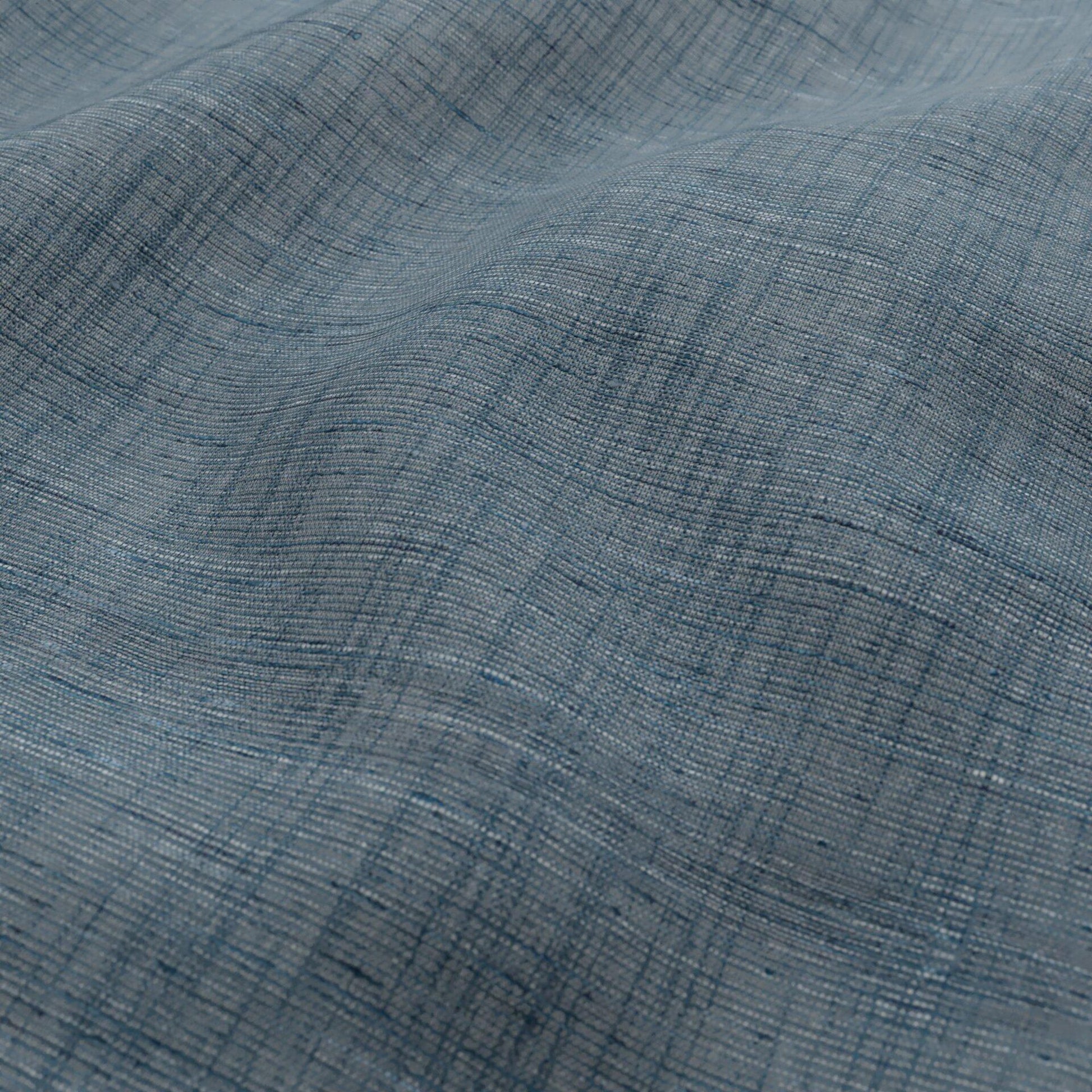 Blue and light grey linen-look fabric with a subtle crosshatch weave, heathered texture and soft drape.