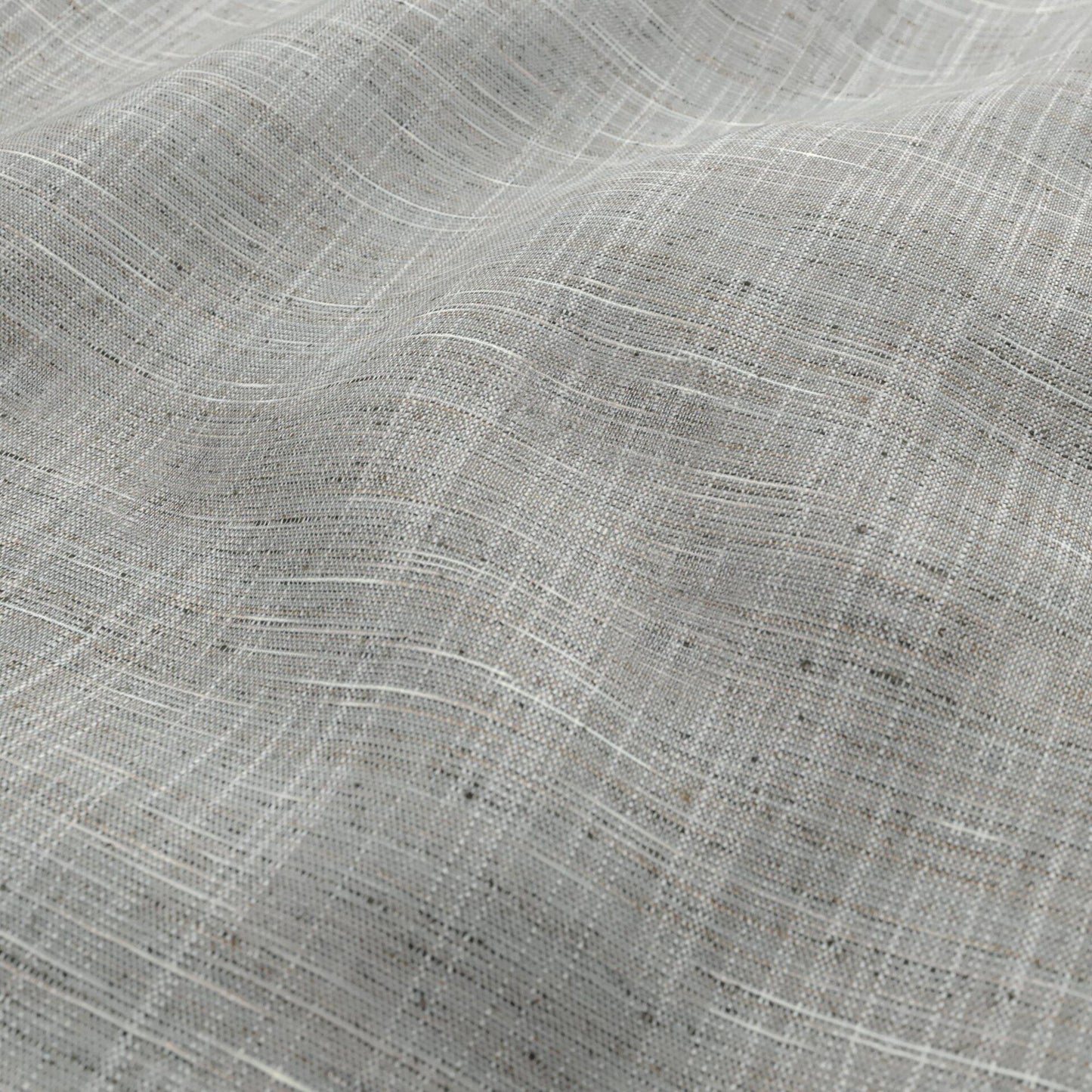 Light gray linen-look fabric with subtle white weave and soft drape, ideal for curtains or garments.