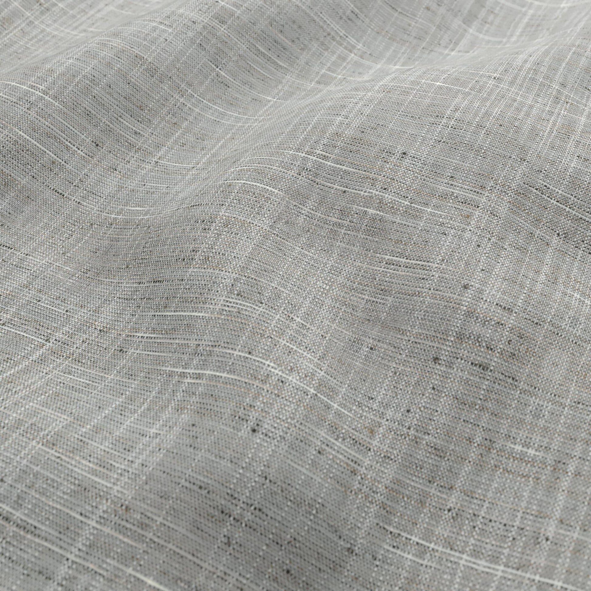 Light gray linen-look fabric with subtle white weave and soft drape, ideal for curtains or garments.