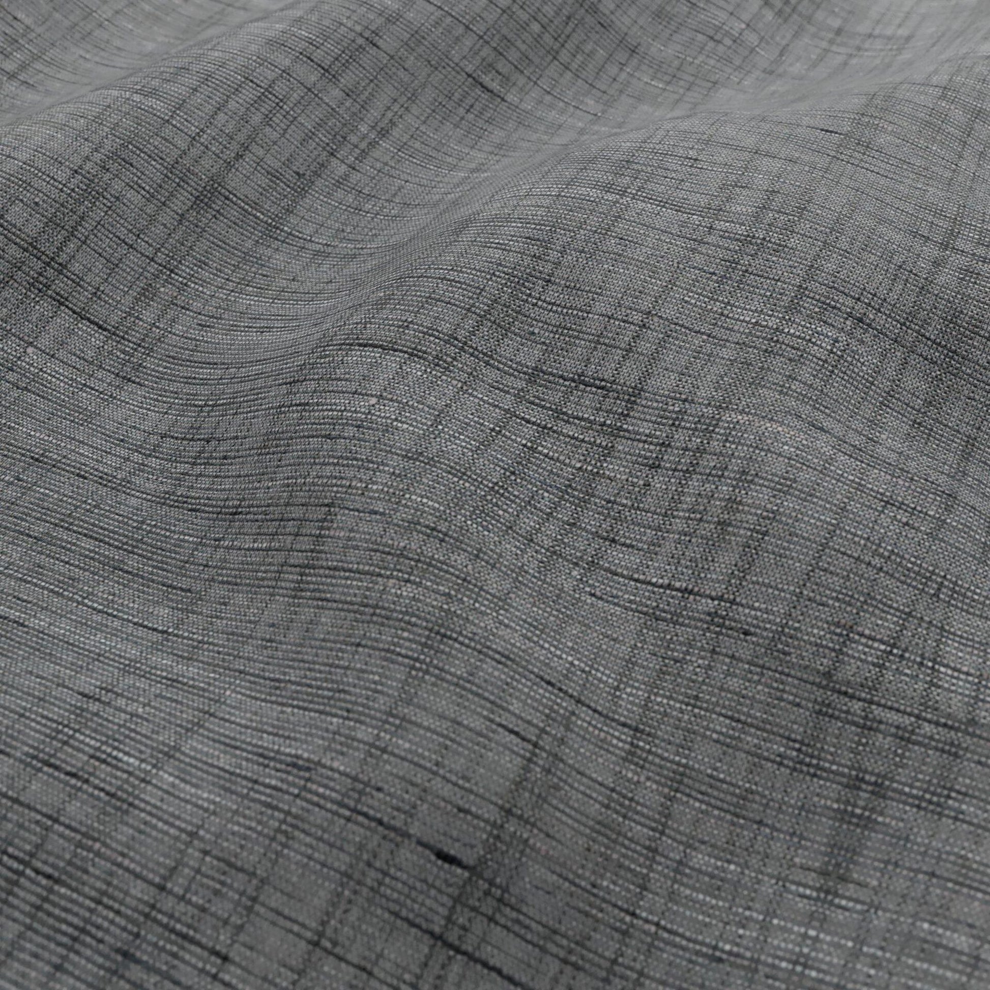 Grey linen-like fabric with a subtle plaid cross-hatch weave & soft drape, in black, dark grey and light grey.