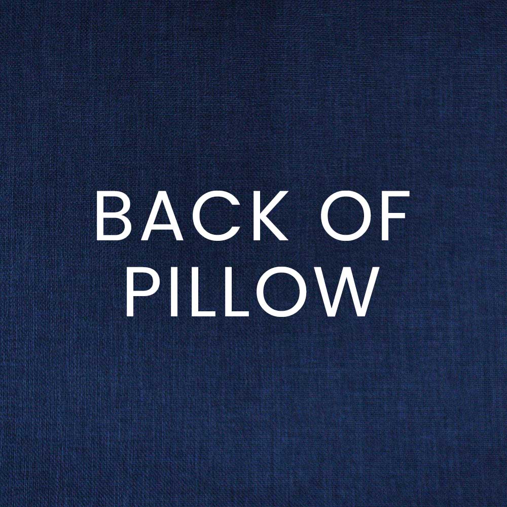 Dark blue denim fabric texture with white 'BACK OF PILLOW' lettering.