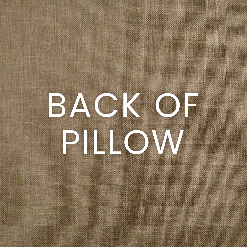 Sand-colored linen pillow fabric with white "BACK OF PILLOW" lettering.