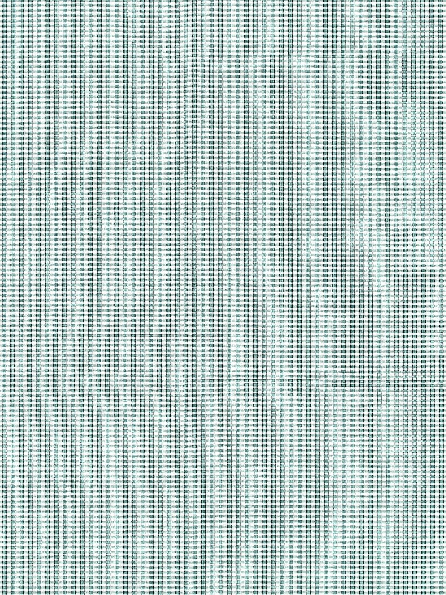Teal and white micro-check woven fabric with fine vertical and horizontal stripes, suitable for shirts or curtains.
