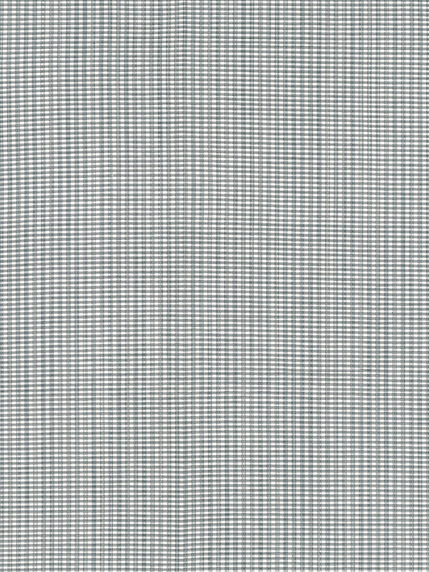 Blue-gray micro-gingham woven fabric with tiny checks, lightweight textile for shirts or summer wear.