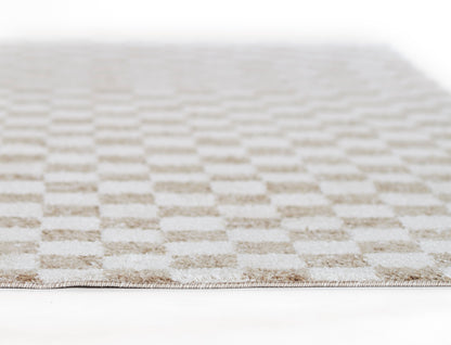 Beige checkerboard rug with soft woven texture in neutral cream and taupe tones, perspective view.