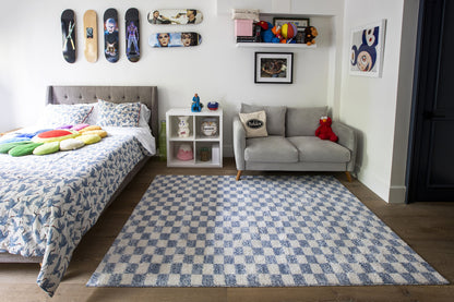Blue-and-white checkered area rug anchors a modern kids' bedroom with a gray loveseat, skateboard wall art, and cozy bedding.