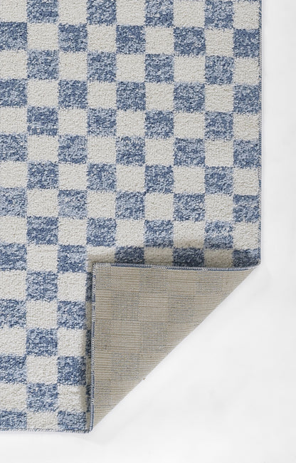 Woven blue and white checker rug with beige backing, folded corner visible.