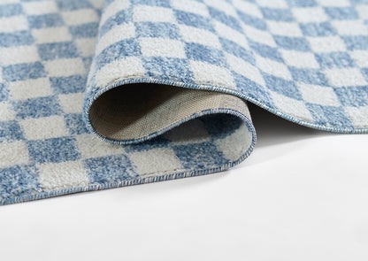 Blue and white checkered rug with soft woven texture and rolled edge.