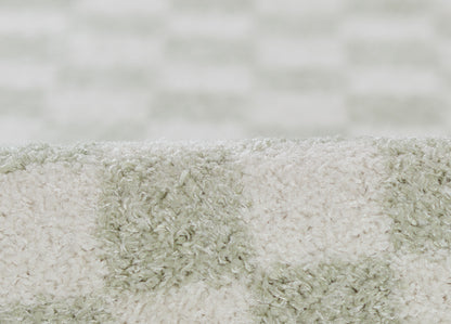 KAIA shag rug in sage green & ivory, plush soft pile, rectangular, cozy home decor.