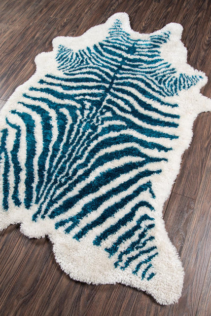 Momeni Kalahari blue 8x10 animal print area rug sold by Primoends, zebra-inspired contemporary indoor rug with plush synthetic fibers for living room and bedroom decor