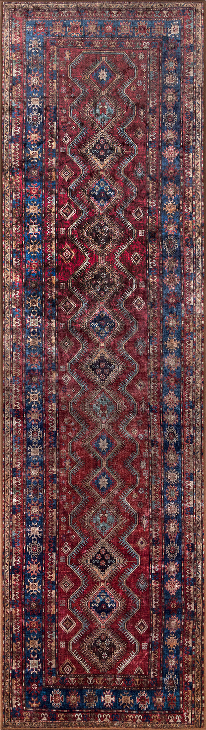 Persian-style red wool runner rug with blue border & ivory geometric diamonds; long hallway mat.