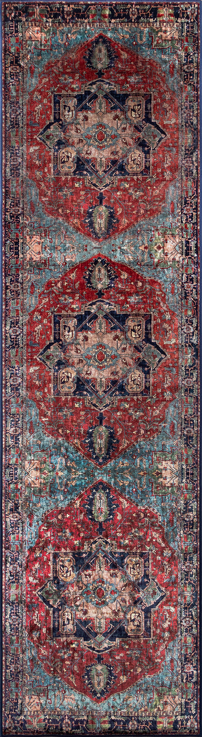 Rectangular oriental rug, 4' x 6', with repeating red central medallions on a blue-green field and an intricate border.