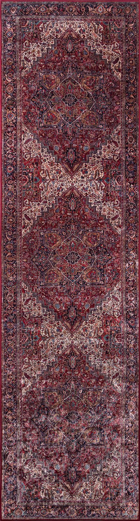 Persian-style runner rug, narrow long form, red field with ivory and blue geometric floral medallions and ornate border.
