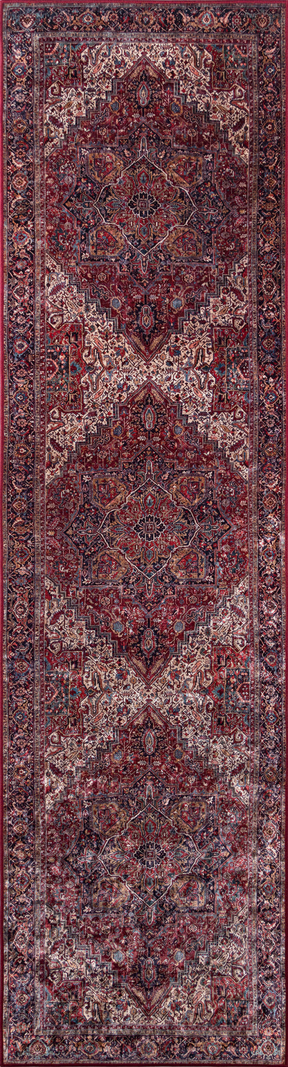 Persian-style runner rug, narrow long form, red field with ivory and blue geometric floral medallions and ornate border.