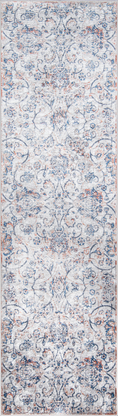 Long narrow runner rug with distressed oriental pattern in blue, ivory and rust tones.