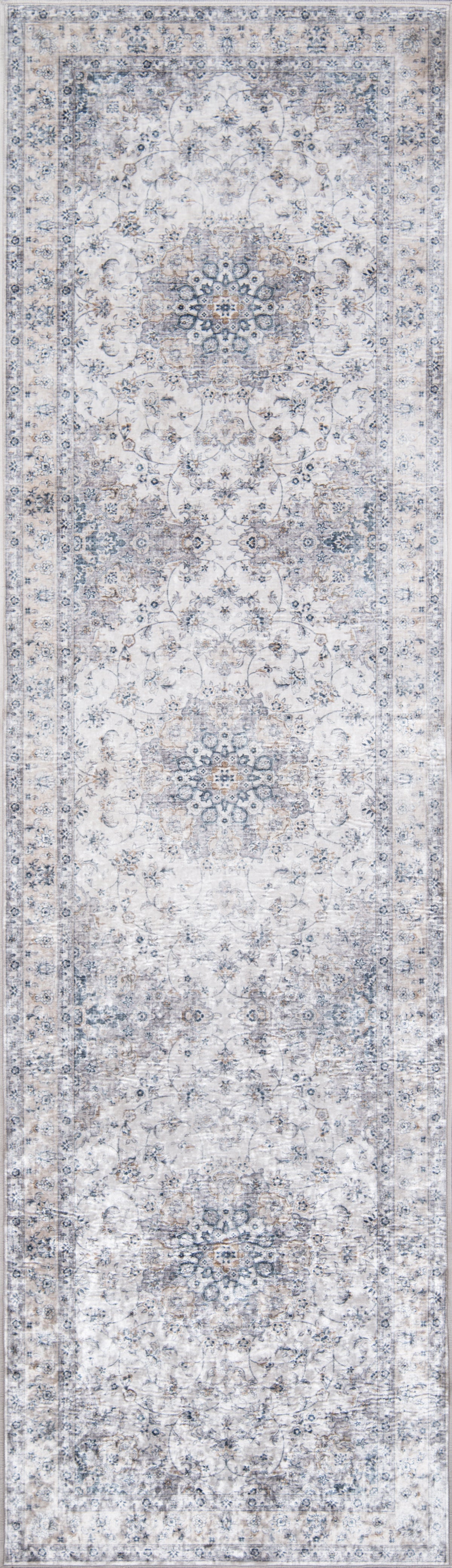 Gray-blue Persian-style runner rug, long and narrow, with ornate medallions, distressed pattern and bordered edges.