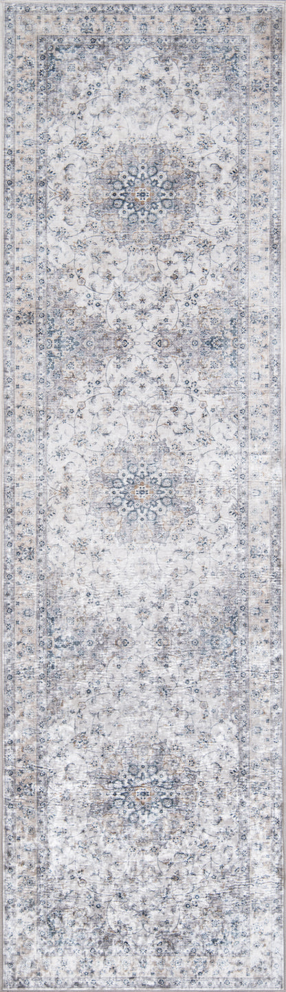 Gray-blue Persian-style runner rug, long and narrow, with ornate medallions, distressed pattern and bordered edges.