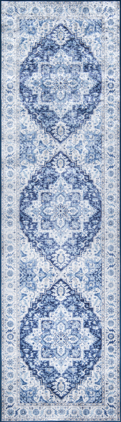 Blue and white woven runner rug with ornate Persian-style medallions and borders for hallway decor.