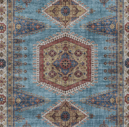 Blue Persian-style rectangular rug with ivory hexagonal central medallion, red border, ornate floral motifs.