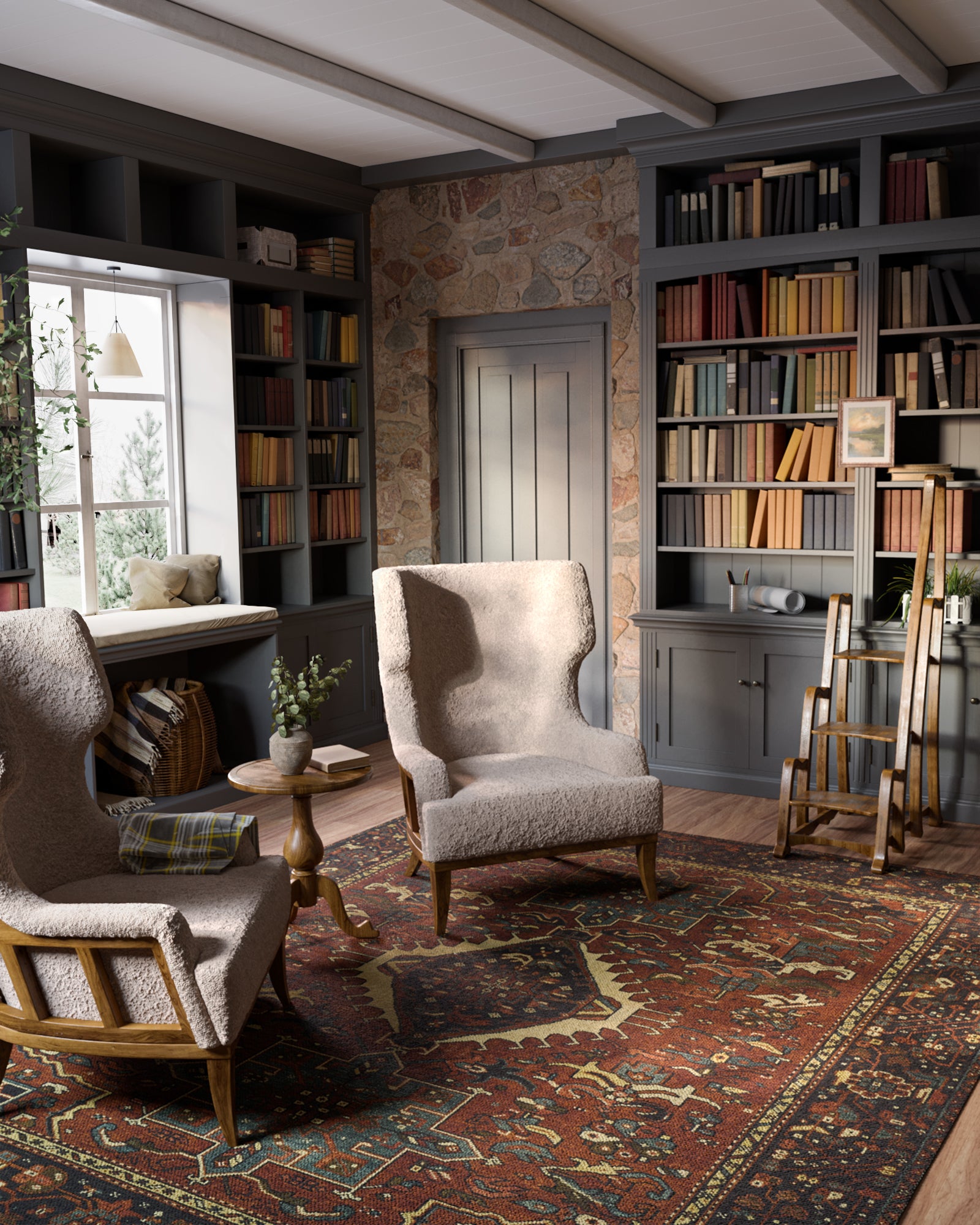 Cozy library lounge with beige fabric armchairs, dark gray bookcases, stone wall, Persian rug, and ladder, ideal for reading.
