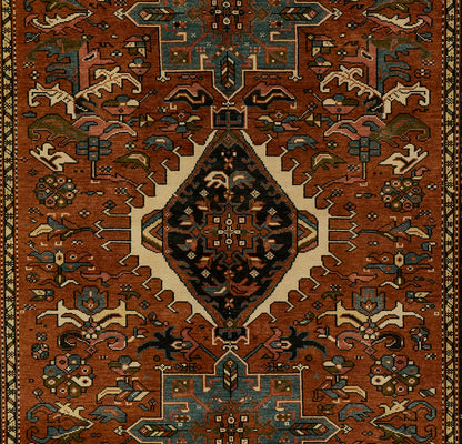 Rust-red Persian-style oriental rug with central black diamond medallion, blue and cream borders, intricate patterns.