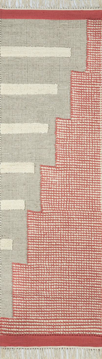 Woven flat rug with pale gray field and white rectangular bars; pink zigzag section with stepped edge, red border.