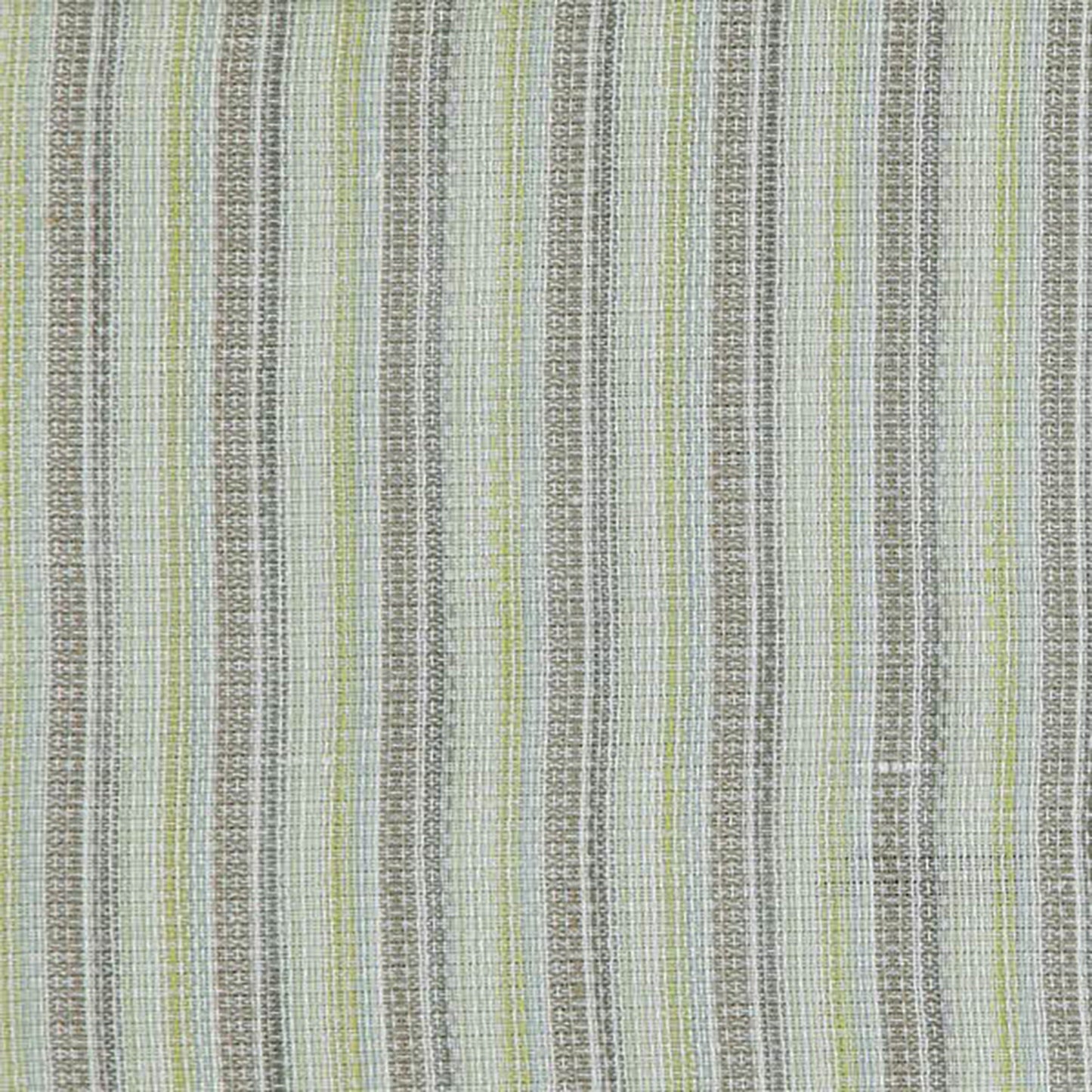 Woven striped fabric with vertical beige, gray, white and lime green stripes; upholstery or drapery textile.