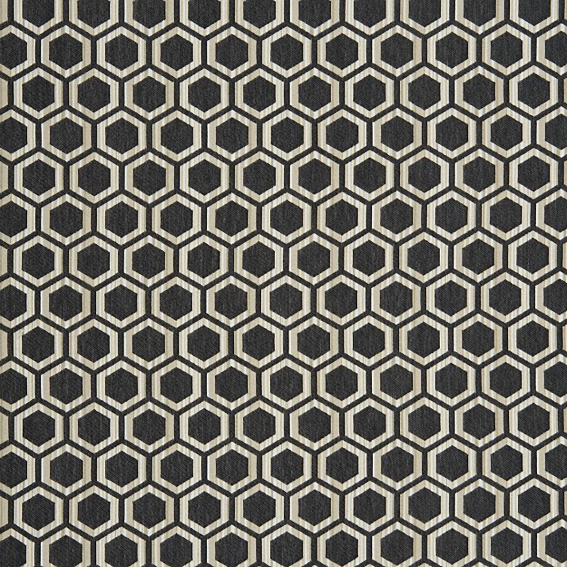 Beige-outlined black hexagon honeycomb pattern on fabric; modern geometric textile for home decor.