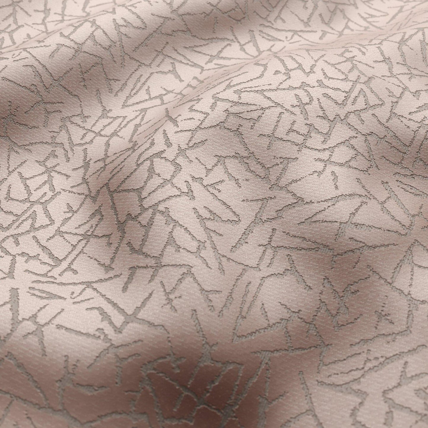 Blush pink velvet fabric with abstract silver shard pattern; textured.