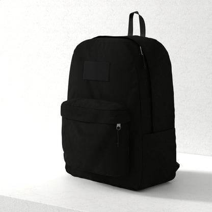 Black fabric backpack with front zip pocket, top loop handle, and minimalist patch for everyday use.