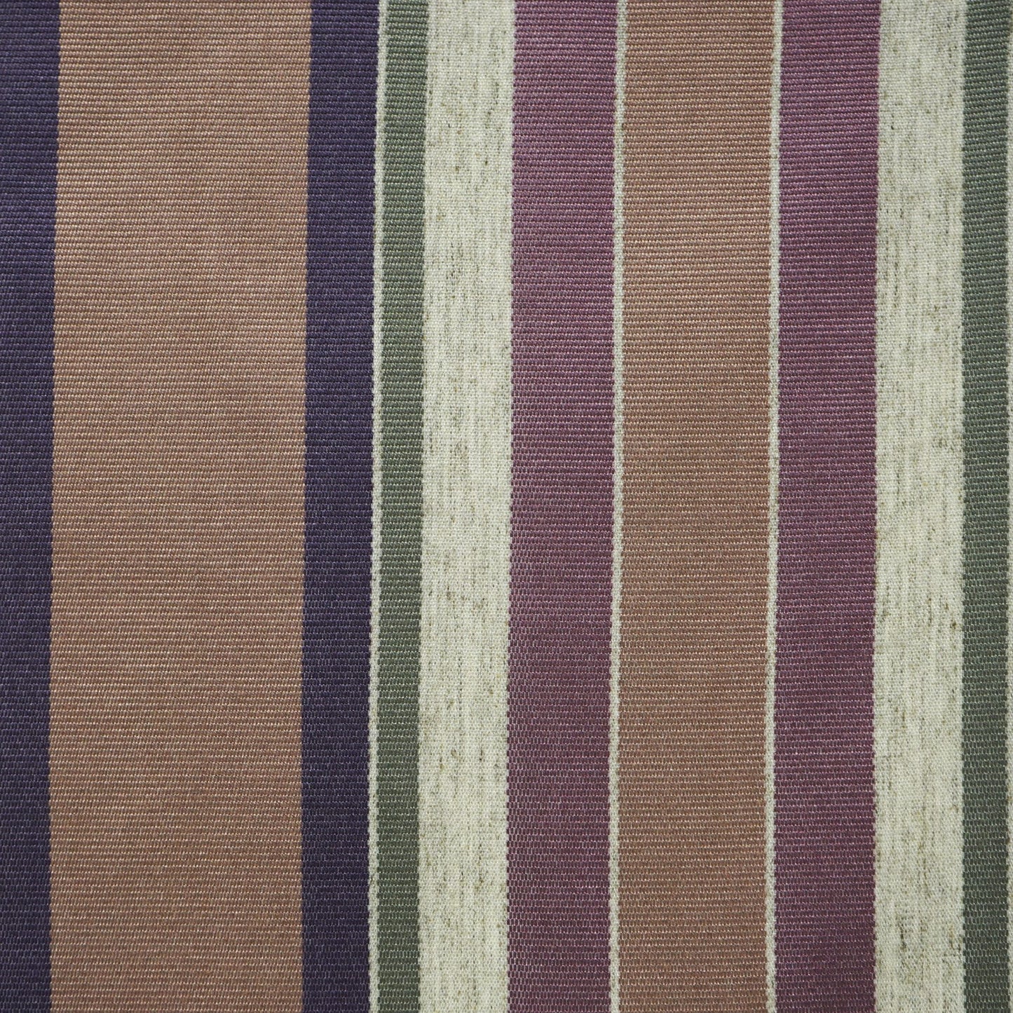 Striped woven upholstery fabric with vertical grey, silver and purple stripes.
