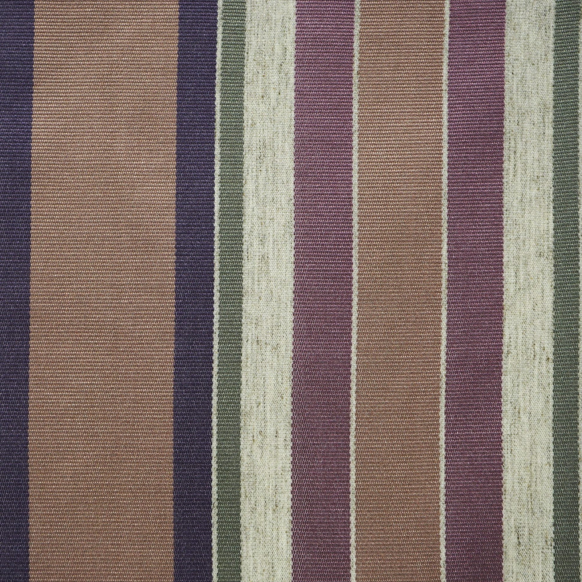 Striped woven upholstery fabric with vertical grey, silver and purple stripes.
