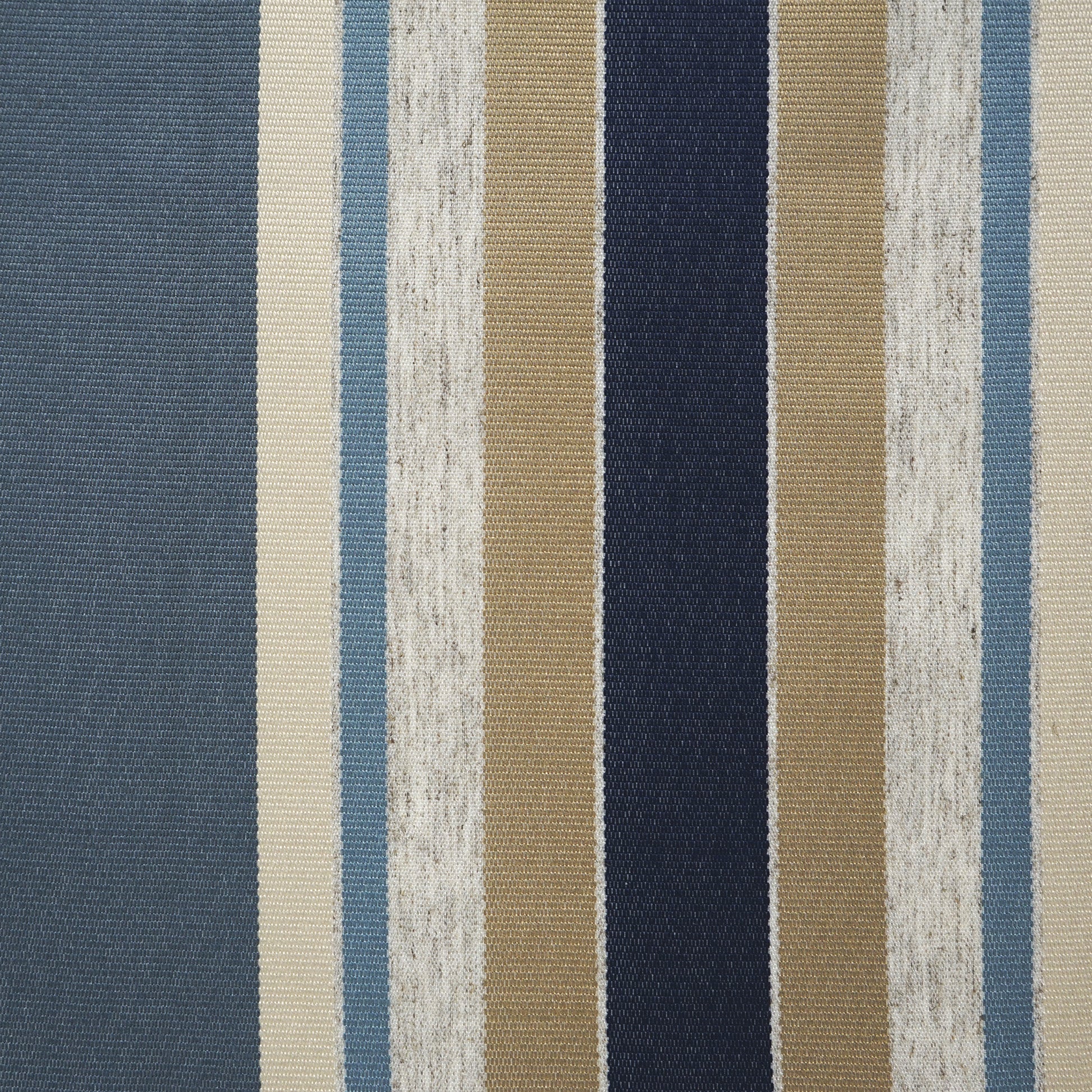 Woven striped upholstery fabric with vertical navy, beige, cream, light blue and taupe stripes.