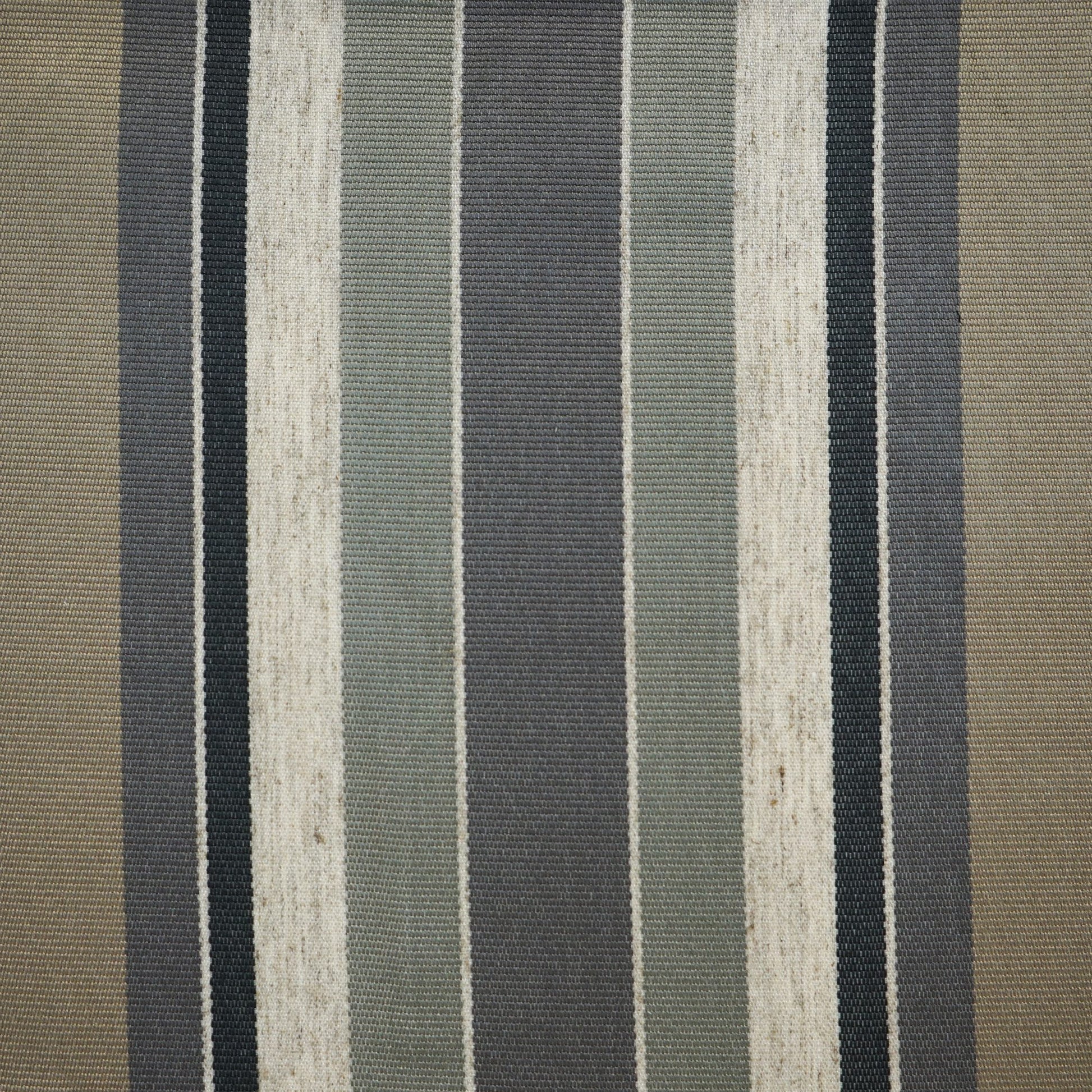 Woven striped upholstery fabric with vertical tan, beige, gray, olive and cream stripes.