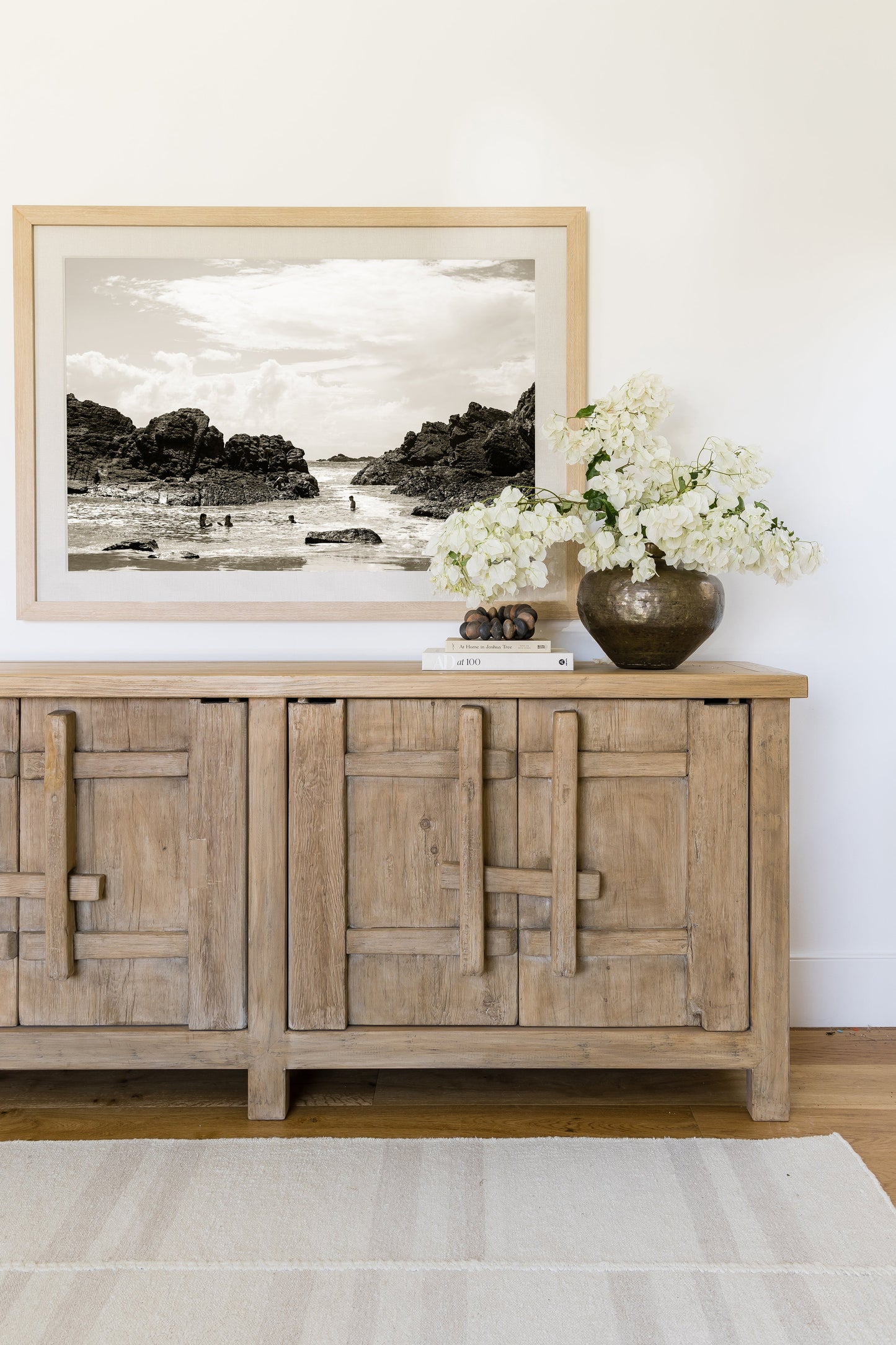 Muted Stripe rug in neutral tones, 8' x 11' on the floor.