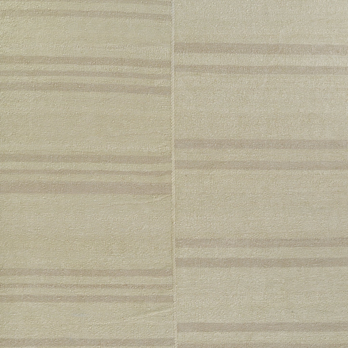 Beige textured rug with subtle horizontal taupe stripes and a vertical center seam; woven rustic look.