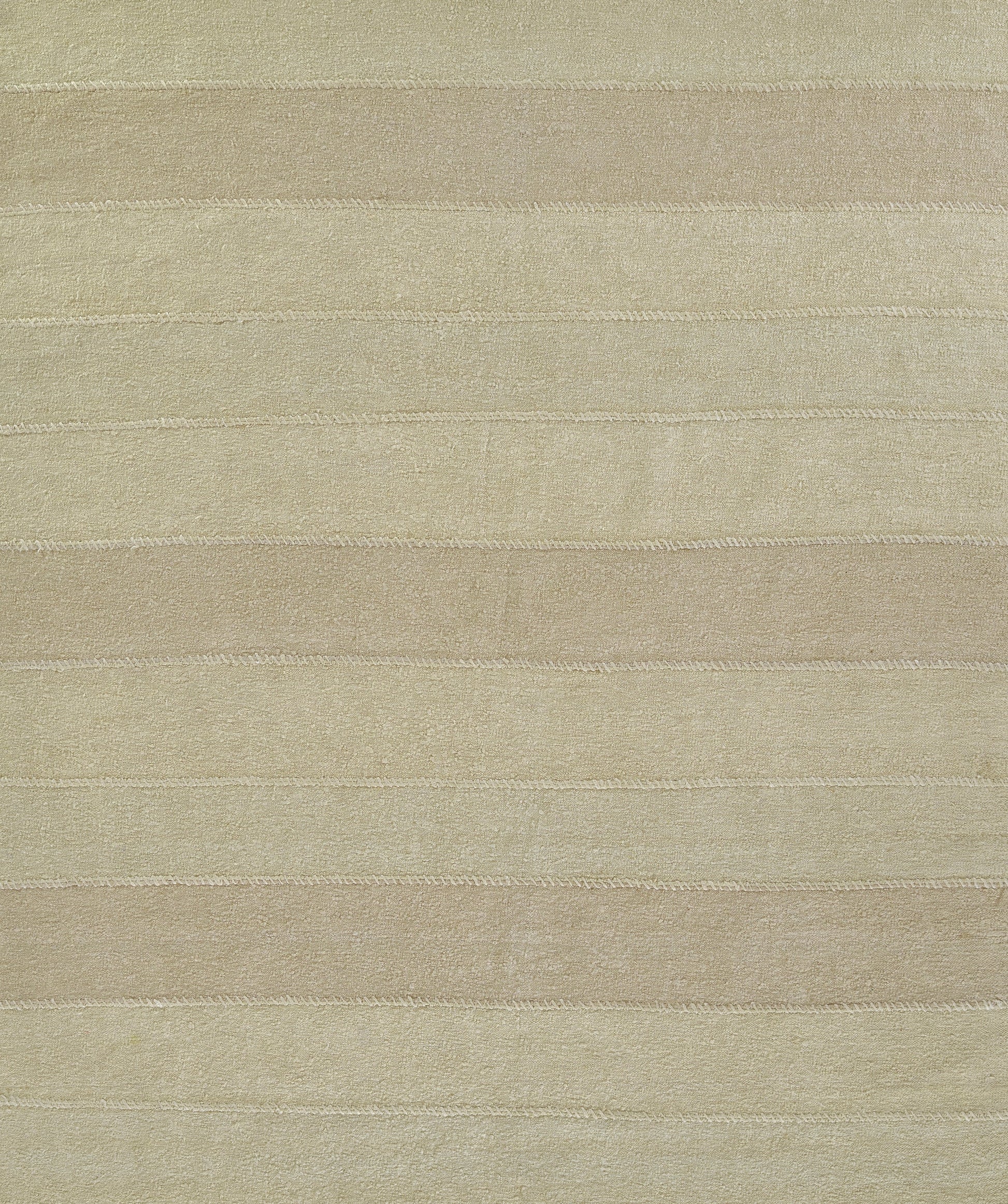 Beige and tan striped textile rug with subtle horizontal bands, soft woven material.