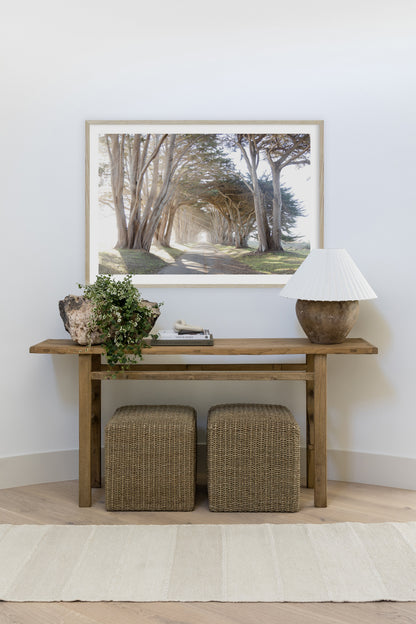Patch rug 6'3" x 9' in neutral boho decor with a wood console, two woven ottomans, framed path artwork, ceramic lamp and a greenery planter.