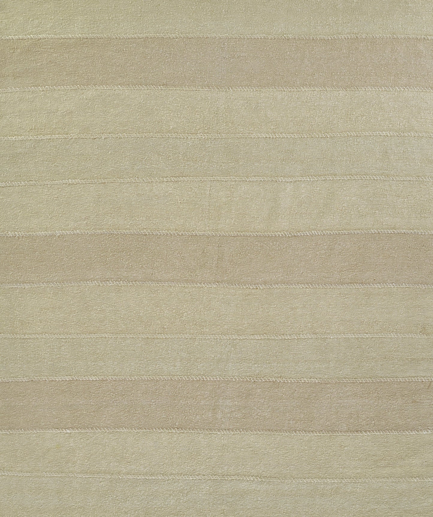 Beige striped woven rug with horizontal cream and taupe bands, neutral textured textile.