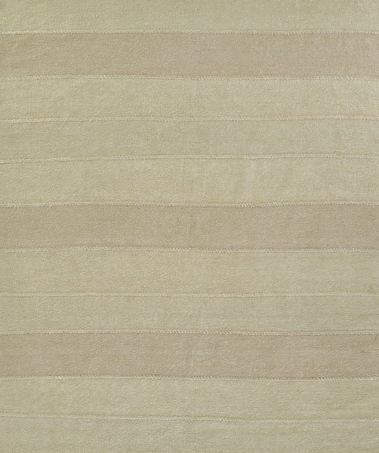 Beige striped rug with wide light-tan and ivory horizontal bands, soft woven texture, neutral decor ideal for living room.